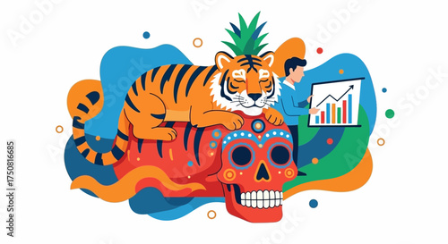 Whimsical tiger atop decorated skull observing upward business trend projection design