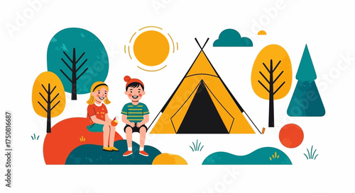 Children's camping adventure depicted with playful graphics in a summery outdoors scene