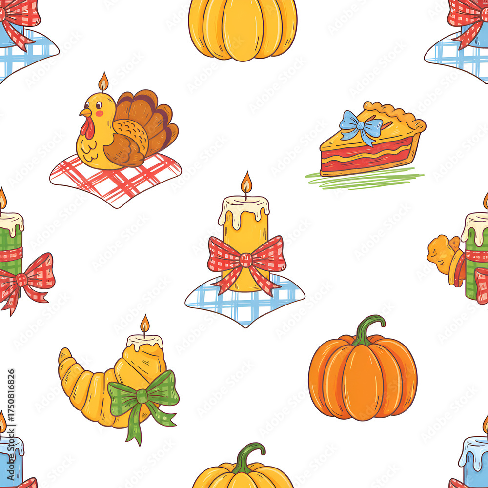 Fototapeta premium Cute Thanksgiving seamless pattern with turkey pie and pumpkin candles.