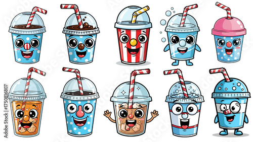 Delightful cartoon drinks collection with adorable faces and straws, perfect for summertime fun and playful designs that bring joy and refreshment