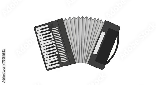 Black and white accordion illustration showcases musical instrument artistry with pleated bellows