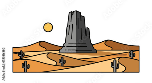 Minimalist desert illustration with dramatic rock formation and cacti landscape graphic