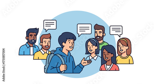 Group of diverse young people sharing ideas and communicating through speech bubbles in a meeting