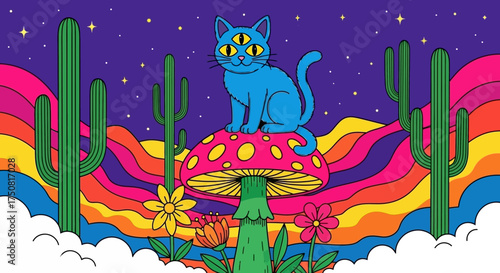 Groovy Mystical Feline Adventure on a Magical Mushroom in a Colorful Desert Scene