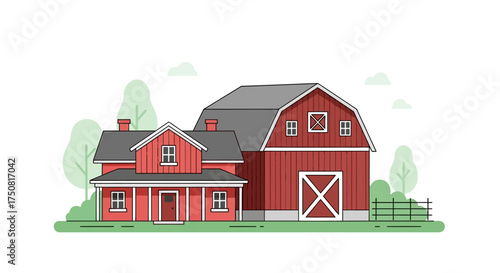 Charming minimalist vector illustration of a classic red farmhouse with adjacent barn on a green