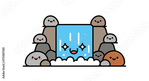 Whimsical waterfall illustration with cute rock characters and sparkling water elements