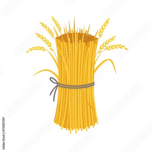 Stylized illustration of golden wheat sheaf tied with twine isolated on white background