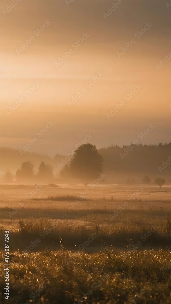 Fototapeta premium Vertical mobile wallpaper featuring a warm, golden sunrise illuminating a misty rural field with scattered trees and tall grass, creating a peaceful, natural background.