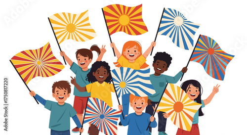 Group of cheerful children waving brightly colored flags in a show of national unity and celebration