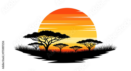 Silhouette of african trees against a vibrant sunset offers serene and warm feel landscape scenery