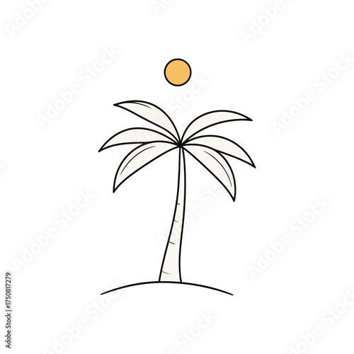 Minimalist illustration of a palm tree on a small mound with a yellow sun above, set against a white background.