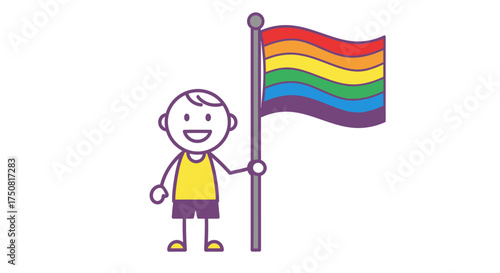 Cartoon figure holding rainbow flag representing pride and diversity parade celebration with