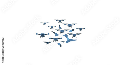 Autonomous drone swarm surrounding fractured form, reflecting modern technological landscape