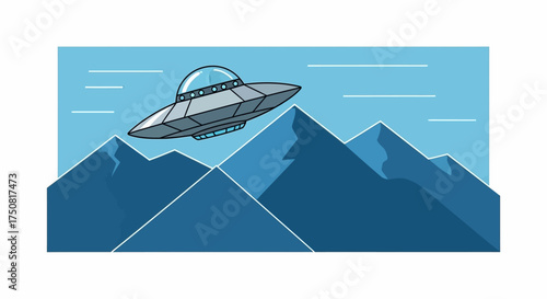 Stylized extraterrestrial encounter, flying saucer over cartoon-style alpine scenery