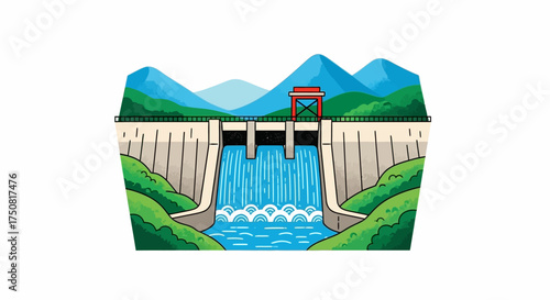 Whimsical illustration showcasing a hydroelectric dam with majestic mountains and lush greenery