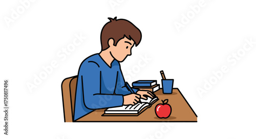 Boy deeply engrossed in studying with books, pen, and apple at the desk vector