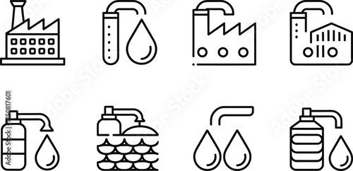 Outline Icons of Industrial Processes and Water Management factory building