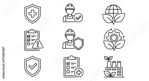 Collection of icons representing safety, environment, and checklist symbols isolated on transparent background
