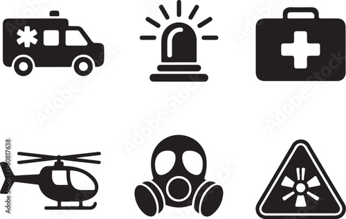 Emergency response icons: ambulance, siren, first aid, helicopter, gas mask