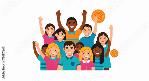 Diverse group of cheerful children joyfully greeting with raised hands and happy expressions