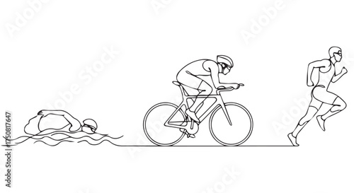 Three icons illustrating the stages of a triathlon swimming, cycling, and running, isolated on transparent background