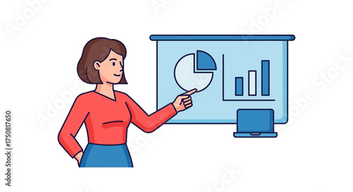 Illustration of a business presentation with charts given by a businesswoman