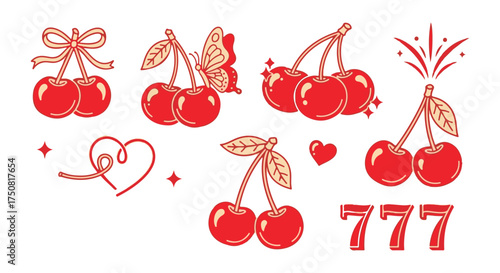 Vibrant cherry illustrations with decorative elements and lucky number seven isolated on transparent background