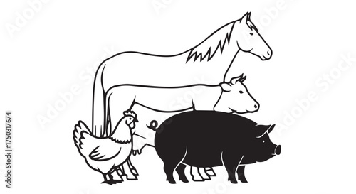 Farm animal silhouettes arranged vertically chicken, pig, cow, and horse isolated on transparent background