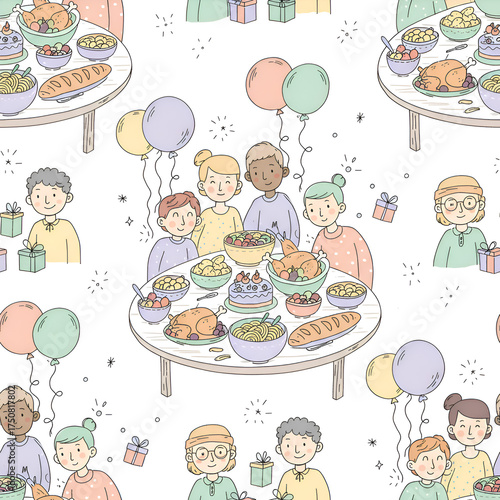 Wallpaper Mural Festive gathering of diverse people around a table laden with food and balloons. Torontodigital.ca