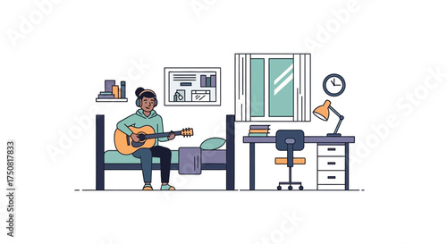 Illustration of a young person playing guitar on a bed in their bedroom with a desk nearby