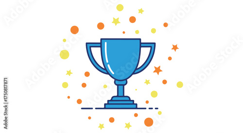 Blue trophy with colorful confetti and stars celebrating victory isolated on transparent background