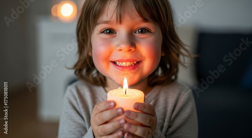 Smiling child holding a glowing candle.