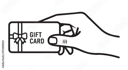 Hand holding a gift card with a ribbon and bow, isolated on transparent background