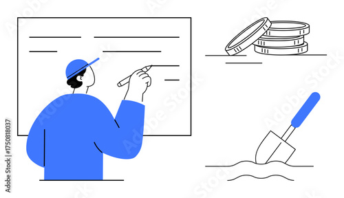 Person writing on a whiteboard while coins and a shovel illustrate planning, growth strategies, and resource allocation. Ideal for business, planning, finance, investment, strategy, education
