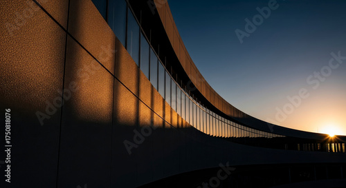 Curved modern building at sunset with reflective windows.