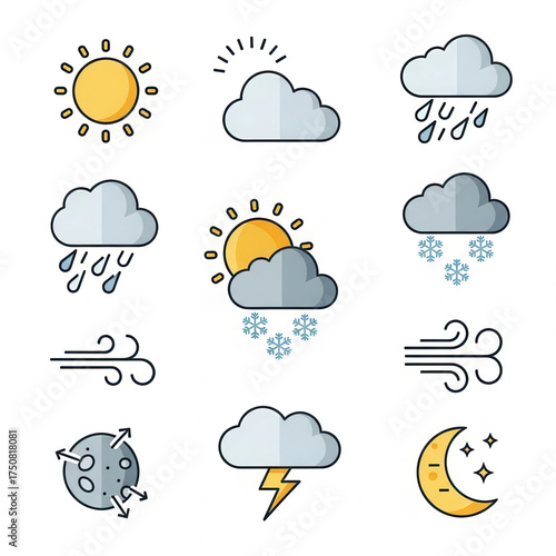 Weather icons: sun, clouds, rain, snow, wind, moon.