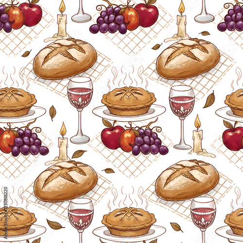 Wallpaper Mural Festive Feast Seamless Pattern with Bread Wine and Fruit. Torontodigital.ca