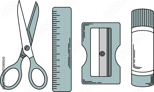 Scissors Ruler Pencil Sharpener Glue Stick Stationery Set vector illustration