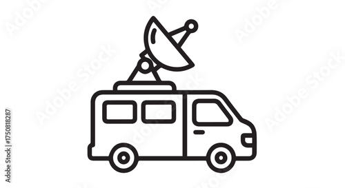 Line art icon of a news van with a satellite dish on top, isolated on transparent background