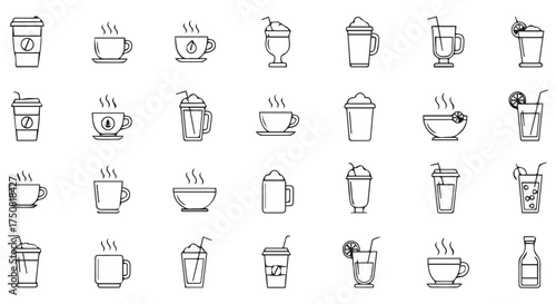 Assortment of hot and cold beverage icons, including coffee cups and takeaway drinks, isolated on transparent background