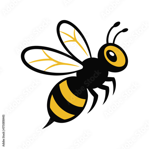 Cute cartoon bee with black and yellow stripes flying with transparent wings