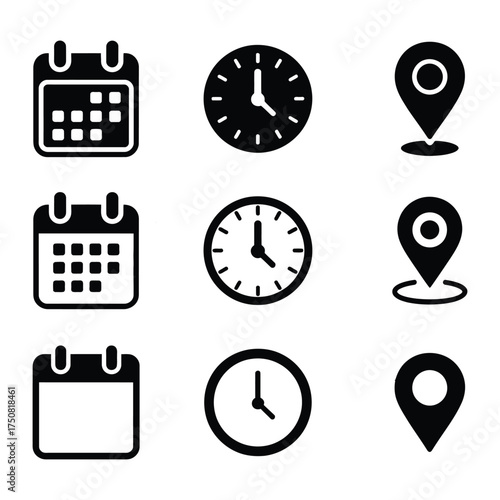 Collection of simple black and white icons representing calendar date time and location markers