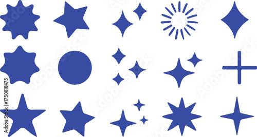 Collection of Blue Starburst Circle and Plus Shapes on White Background plus sign