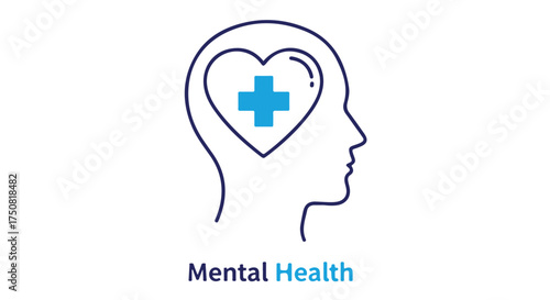 Mental health awareness icon featuring a human head silhouette with a heart and cross symbol inside, isolated on transparent background
