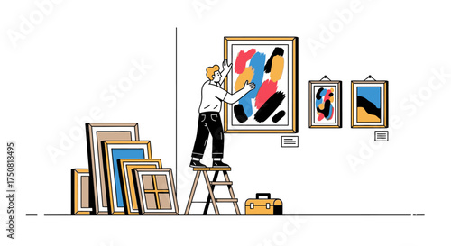 Artist Hanging Abstract Painting in Gallery.