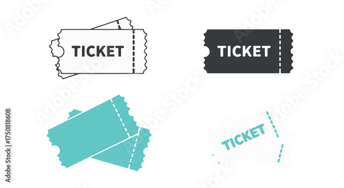 Collection of ticket icons in various styles and colors, isolated on transparent background