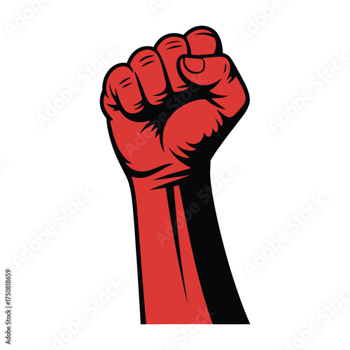 Strong red fist raised in solidarity and protest against white background