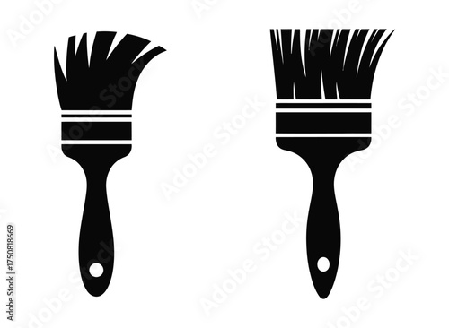 Two black silhouette paint brushes with white handles and bristles on a white background