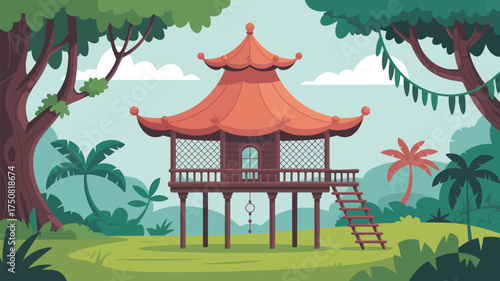 A cartoon illustration of a stilt house with a red roof in a lush jungle environment with palm trees