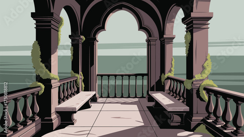 A view of an arched structure with benches and vines overlooking a body of water on a cloudy day scene